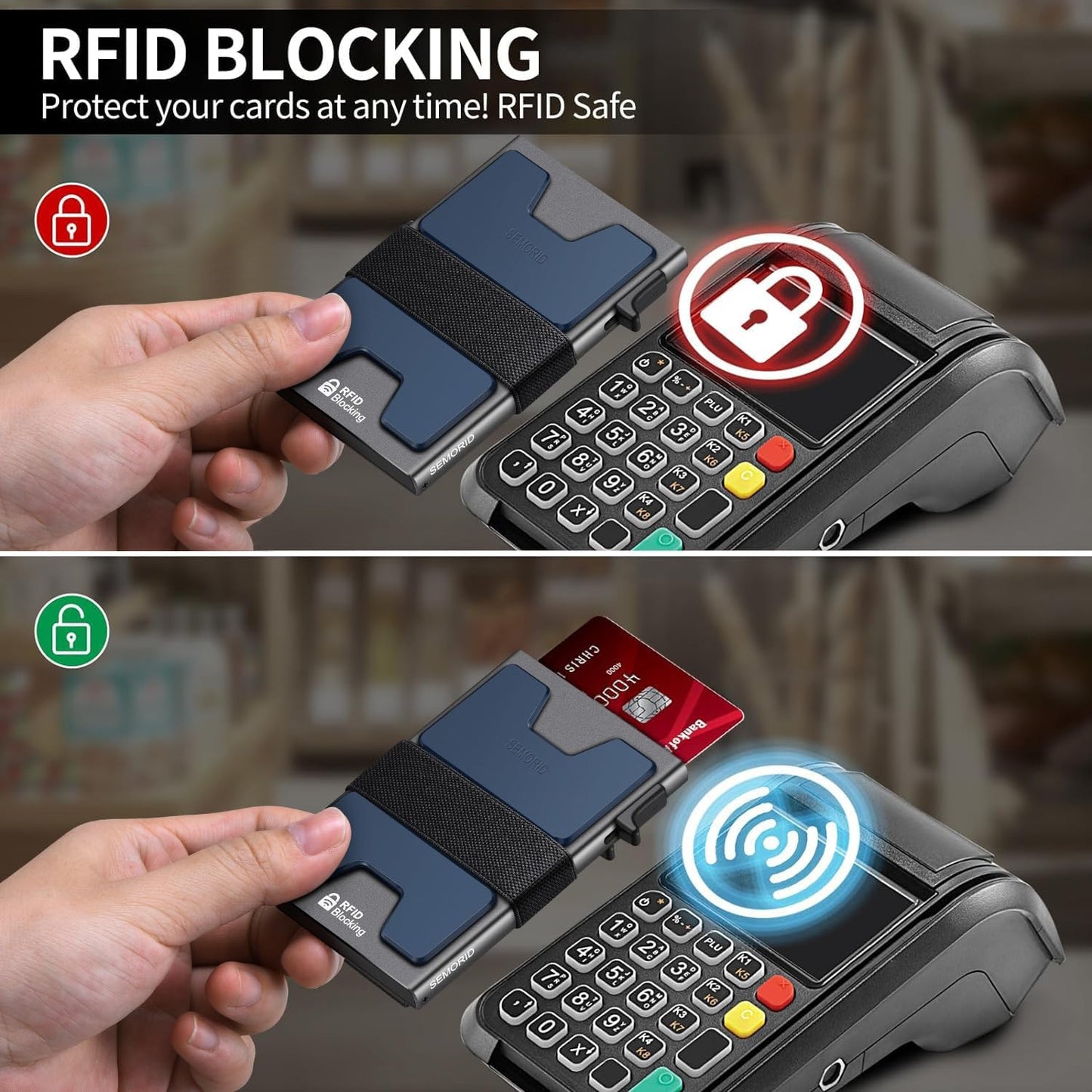 Slim Aluminum Card Holder Wallet for Men, Durable Expandable Backplate, RFID Blocking Minimalist Metal Pop Up Wallet, Holds 12+ Cards Plus Cash