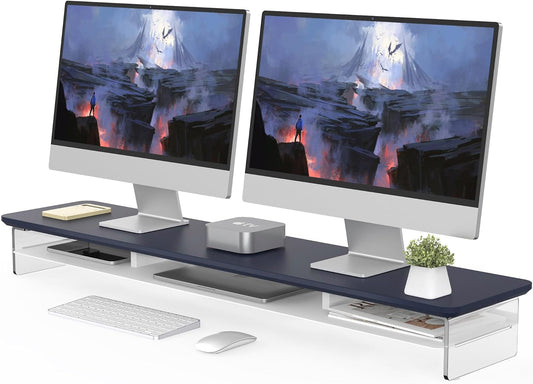 Fenge Acrylic Monitor Stand Riser, 42.5 Inches Dual Monitor Stand with Metal Storage, 2 Tier Acrylic Computer Riser for Desk, Clear Laptop Stand for PC, Laptop, Printer, TV, Blue