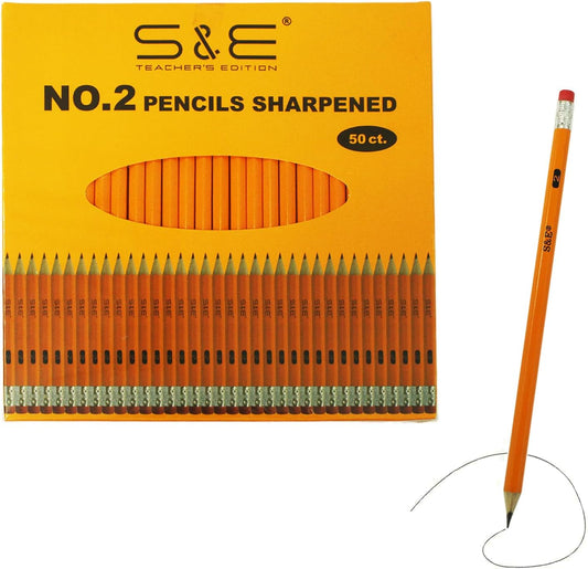 S & E TEACHER'S EDITION Wood-Cased #2 Pencils 50Pcs, Pre-Sharpened Pencils with Top Erasers, Yellow, HB Lead, for School Teacher Supplies, Writing, Drawing and Sketching, 50 Count.