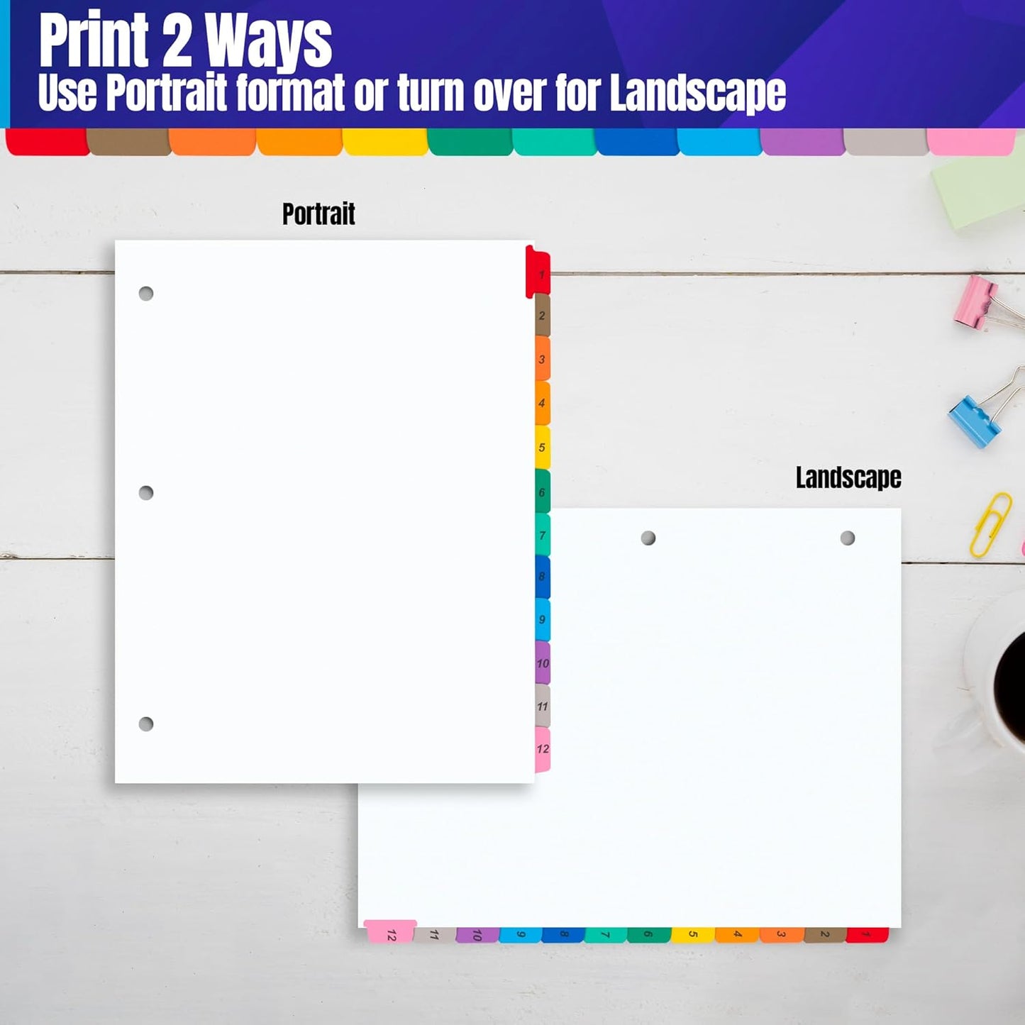 Tab Dividers for 3 Ring Binders – 6 Sets, 1–12 Numbered Index Dividers with Table of Contents – 8.5 x 11 in, 3-Hole Punched – Binder Dividers for School, Office, Filing, Organizing - 6 Pack