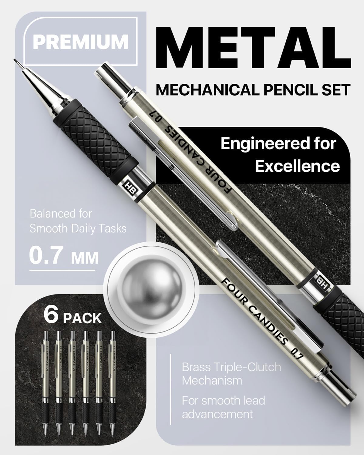 Four Candies Metal Mechanical Pencil Set - 6PCS 0.7mm Art Mechanical Pencils & 360PCS HB Lead Refills & 3PCS Erasers & 9PCS Eraser Refills, Drawing Mechanical Pencils for Writing, Sketching/With Case