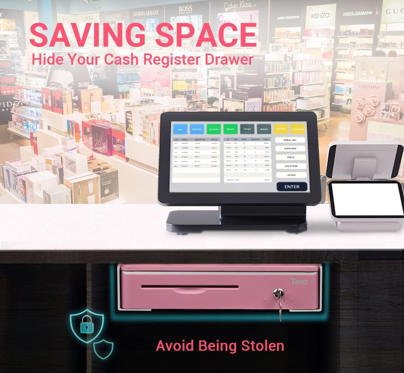 Tera 16" Auto Open Cash Register Drawer with Universal Under Counter Mounting Metal Brackets (Round Corner) Heavy Duty Insert Tray 5 Bill 8 Coin Removable Cash Tray for POS Small Businesses Store 405R