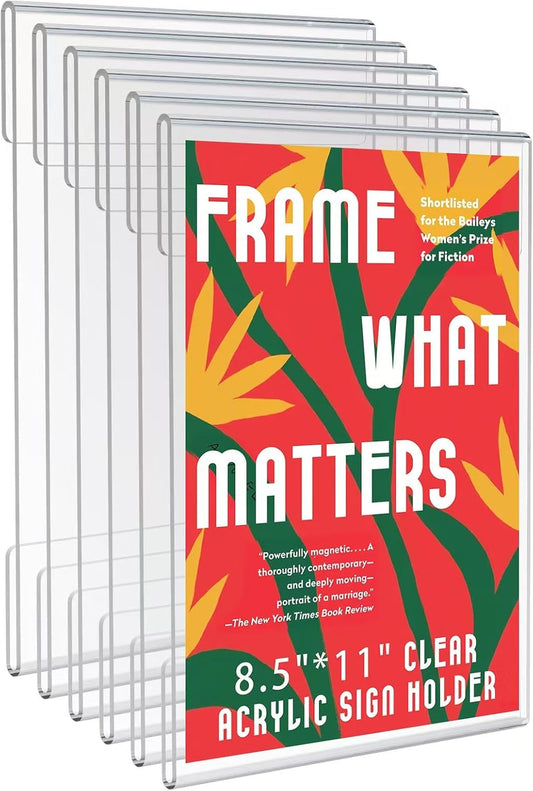 8.5x11 Clear Acrylic Plexi Sign Holders with Double Sided Adhesive Tape, Wall Sign Memo Document Menu Holder for Office, Home, Store, Restaurant-No Drilling (6 Pack)