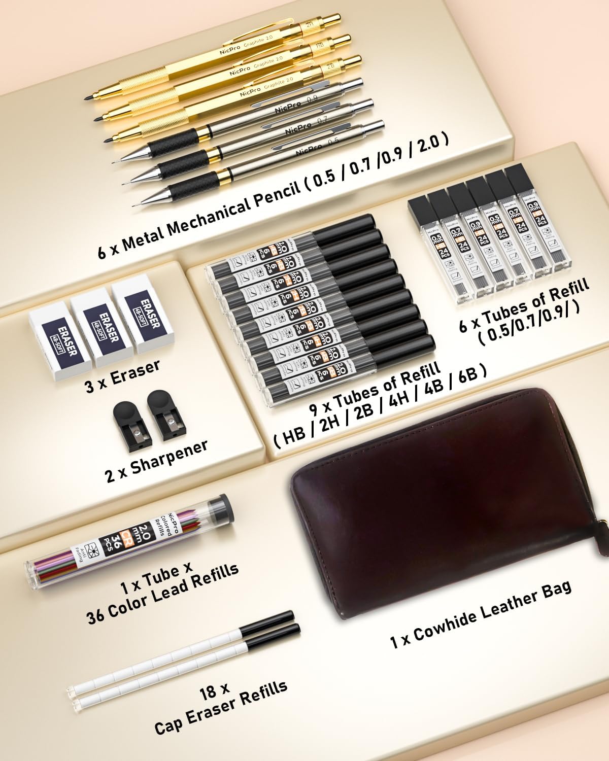 Nicpro 30PCS Art Mechanical Pencils Set in Leather Case, Gold Metal Drafting Pencil 0.5, 0.7, 0.9 mm, 2mm Lead Pencil Holder for Sketching Drawing With 16 Tube (6b 4B 2B HB 2H 4H Colors) Lead Refill