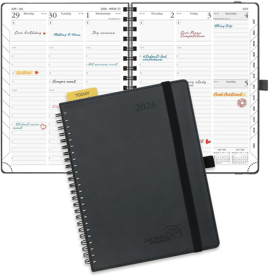POPRUN 2026 Planner (Medium - 6.5'' x 8.5'') with Hourly Schedule, Vertical Layout - 2026 Weekly Calendar (Jan. 2026 - Dec.2026) for Time Management, Monthly Tabs, Spiral Bound, Soft Cover - Black