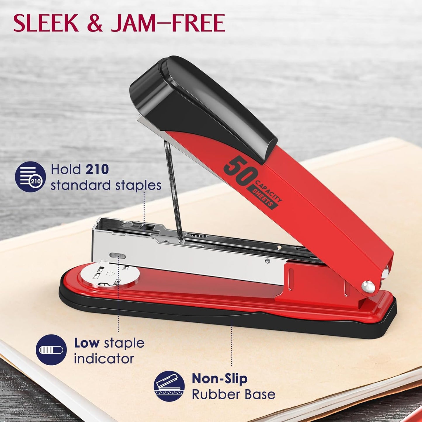 Metal Stapler Heavy Duty 50 Sheet Capacity with 1750 Staples and Staple Remover, Full Strip Staplers for Desk, No Jam, Non-Slip for Office & Classroom, Red