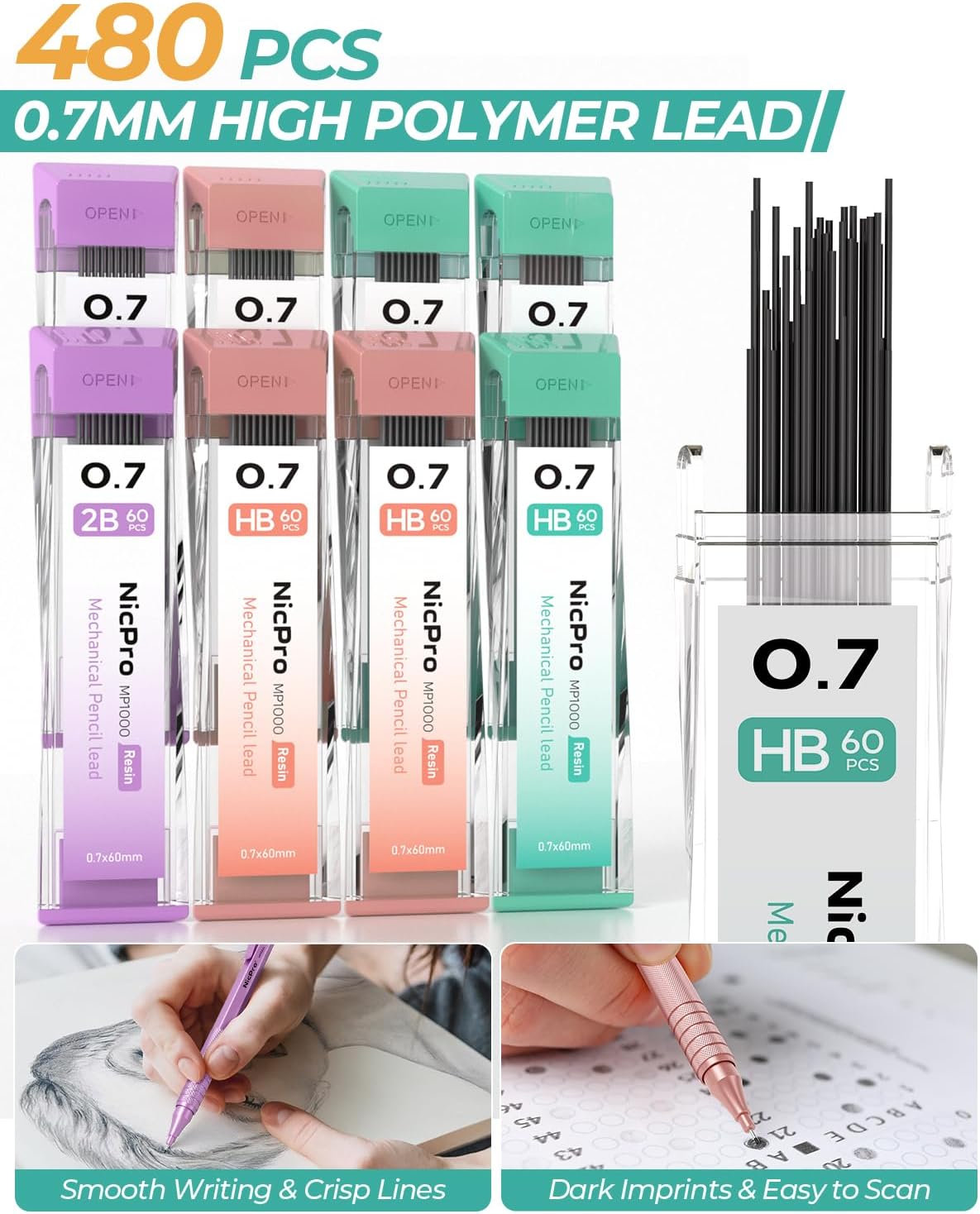 Nicpro 0.7 mm Metal Mechanical Pencil Set, 3PCS MP1000 Artist Lead Pencils With 480PCS HB 2B Lead Refills, Erasers, Pastel Aesthetic Mechanical Pencils for School Supplies Writing Drawing Sketching