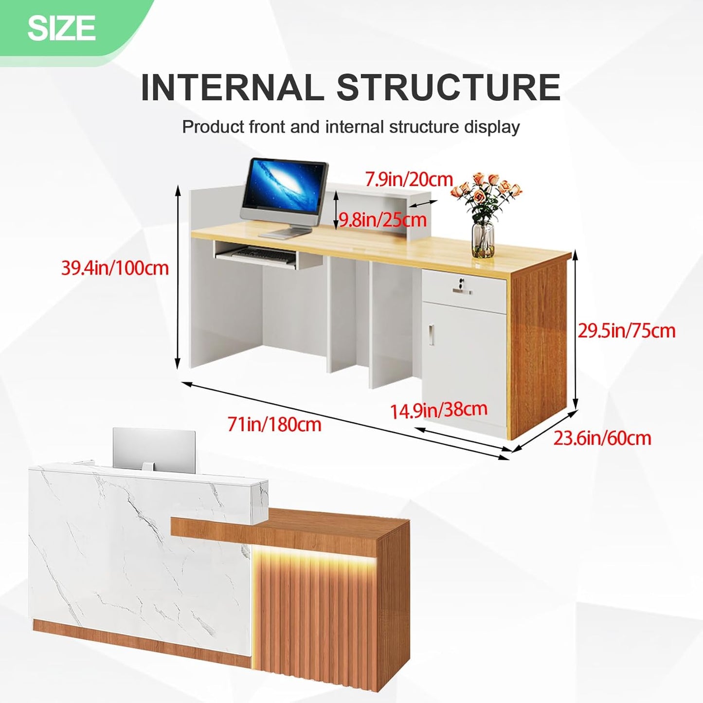Modern Reception Desk with Counter and Drawer Office Front Desk with Cabinet Wooden Commercial Reception Table Checkout Counter for Retail Salon Lobby White and Brown Left 71inch/180cm