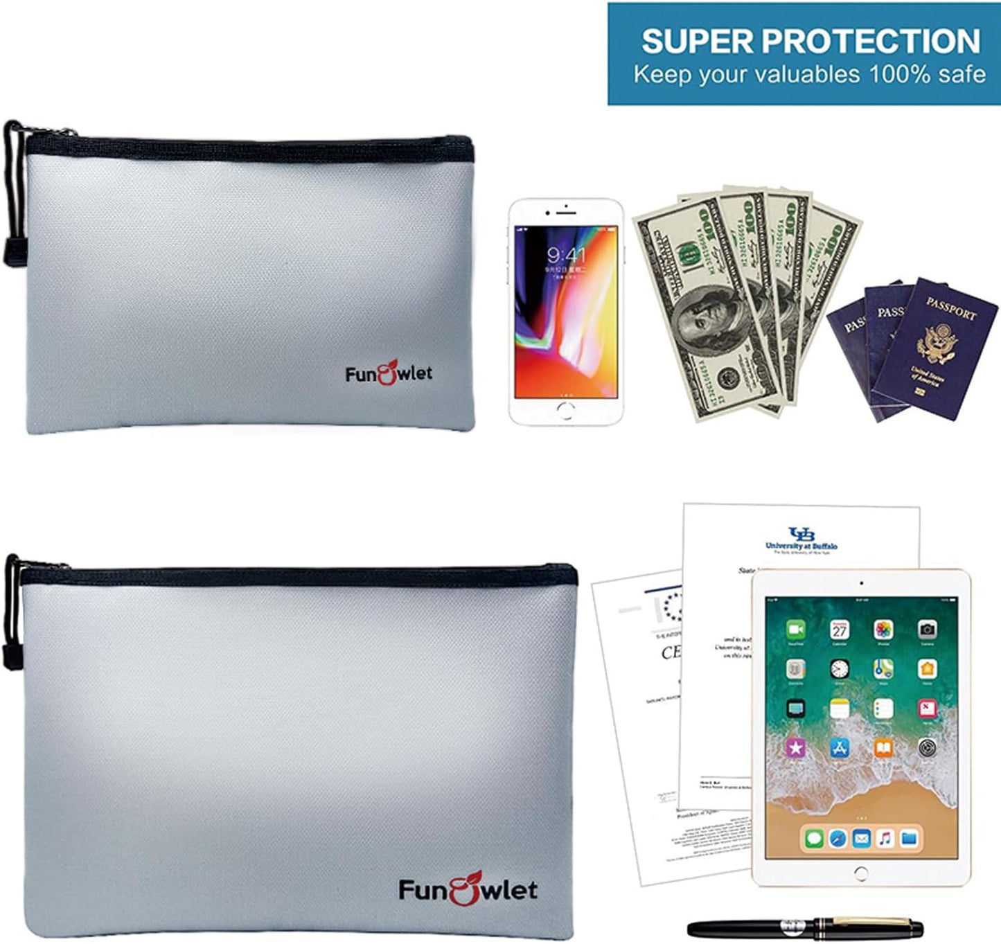 Fireproof Safe Money Document Bags - 2 Pack 13.4" x 9.8" and 10.6" x 6.7" Waterproof Zipper Bag, Fire & Water Resistant Storage Organizer Pouch for A4 A5 Documents Holder,File,Cash,Passport,Tablet