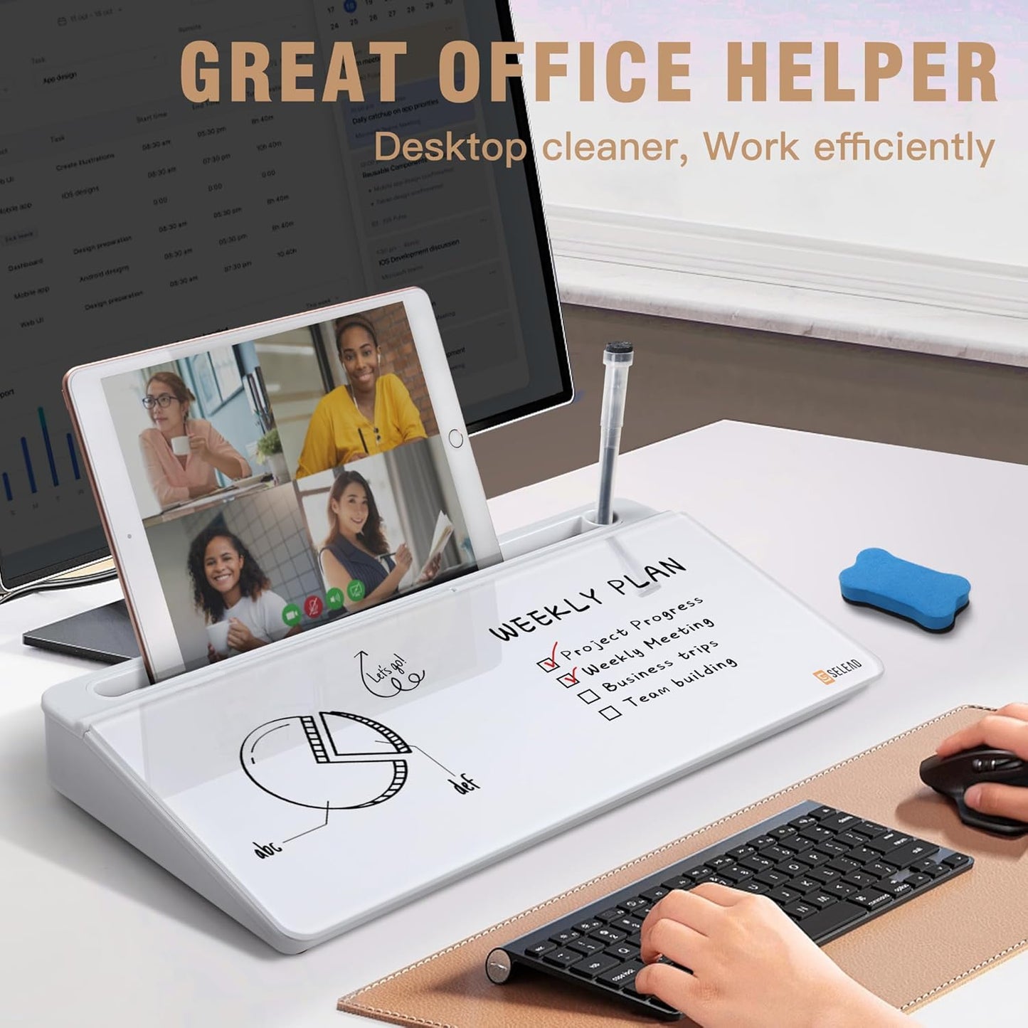 SELEAD Desktop Glass Whiteboard with Organizer & Built-in Mirror, Small Dry Erase White Board Computer Pad Keyboard Stand for Home, School, Office Desk Accessories - White