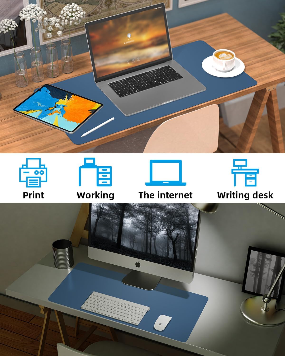 Leather Desk Pad Protector, Office Mat, Large Mouse Pad, Non-Slip Blotter, Laptop Pad, Waterproof Writing Pad for Office & Home (Grey Blue, 40" x 17")