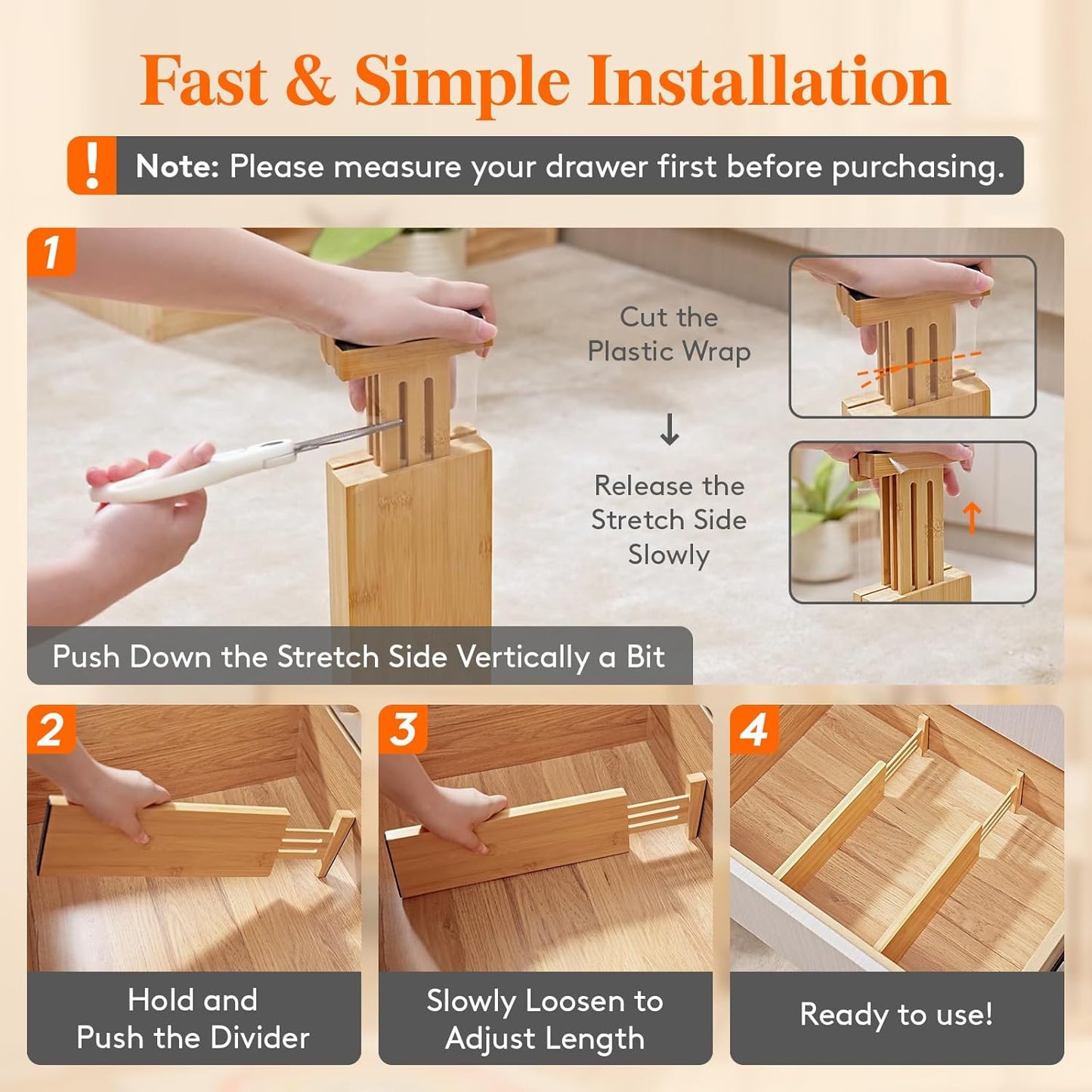 Lifewit 5 Pack Drawer Dividers Bamboo 4" High, 12-17" Adjustable Drawer Organizers for Clothes, Expandable Dresser Separators in Bedroom/Bathroom/Kitchen/Fridge/Office Organization and Storage