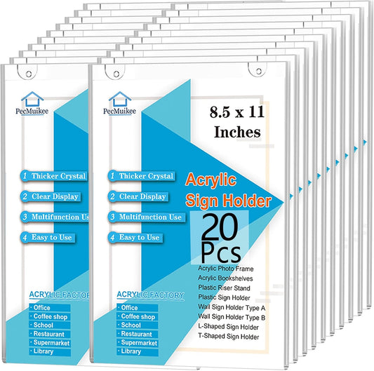 PecMuikee Acrylic Sign Holder 8.5x11, Wall Mount Acrylic Sign Holder and Plastic Paper Display Ad Frame bonus with 3M Tape and Mounting Screws for Restaurants, Office, Market, Library, Store, 20 Pcs