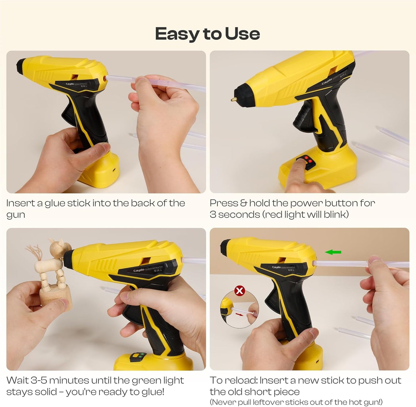 Caydo Cordless Hot Glue Gun, Portable Glue Gun, 2200mAh Type-C Rechargeable and Fast Heating, Heat Glue Gun Kit with 10PCS Glue Sticks for DIY Arts, Home Repairs, Crafting and Gift Making
