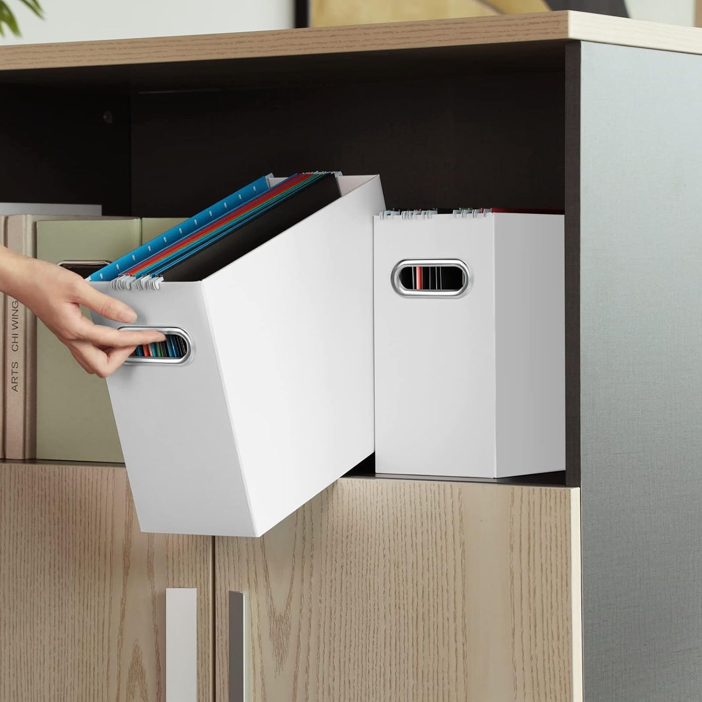 Oterri File Organizer, 2 Packs Small Storage Box, Cardboard File Folder Organizer, Collapsible File Box for Hanging File Folders Letter Size, Portable Filing Organizer with Handle（White）