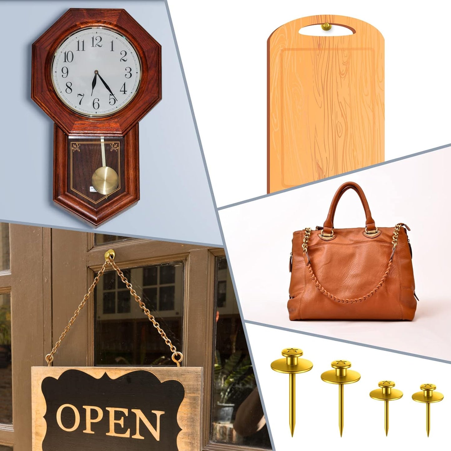 Zhengmy 40 Pcs Double Headed Picture Hangers Nails 4 Size Long Thumb Tacks Wall Nails for Hanging Pictures Decorative Push Pins Hooks for Drywall Photo Office Home Decor, 20/30/ 40/ 50lb(Gold)