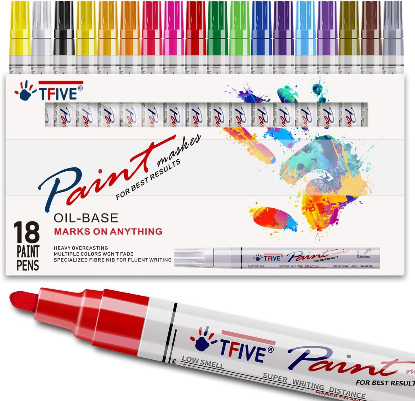 TFIVE Paint Pens Paint Markers Never Fade Quick Dry and Permanent,18 Color Oil-Based Waterproof Marker Pen Set for Rock Painting, Stone, Ceramic, Wood, Fabric, Plastic, Canvas, Glass, Mugs