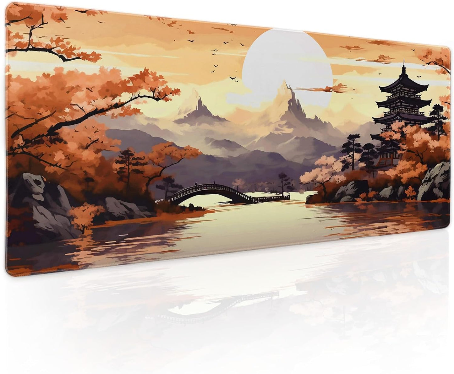 Orange Japanese Sakura Gaming Mouse Pad XL Yellow Cherry Blossom Mountain Aesthetic Large Desk Mat Big Mousepad Non-Slip Rubber Base Stitched Edge Long Desk Pad for Desktop Computer,31.5×11.8 in