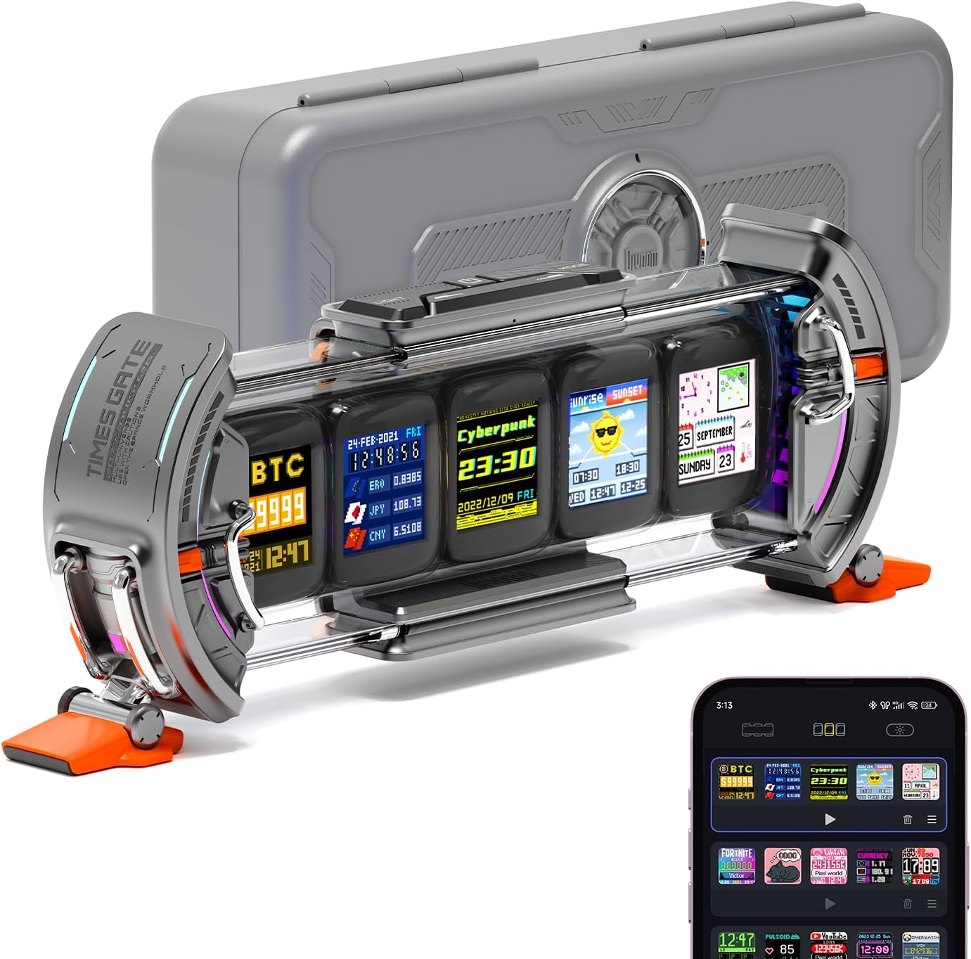 Divoom Times Gate - Cyberpunk Gaming Setup Digital Alarm Clock, Smart APP, WiFi Connect, RGB LED Display, Personalized Financial & Bitcoin Dashboard, Pixel Art for Gaming Room & Office Decor, Silver