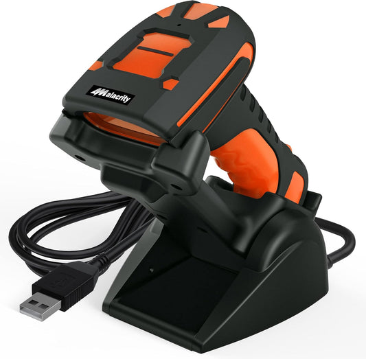 Alacrity 2D Industrial Wireless Barcode Scanner with Charging Stand, Bluetooth Drop Resistant, 1968 Feet Transmission Distance 433Mhz QR 1D Bar Code Reader