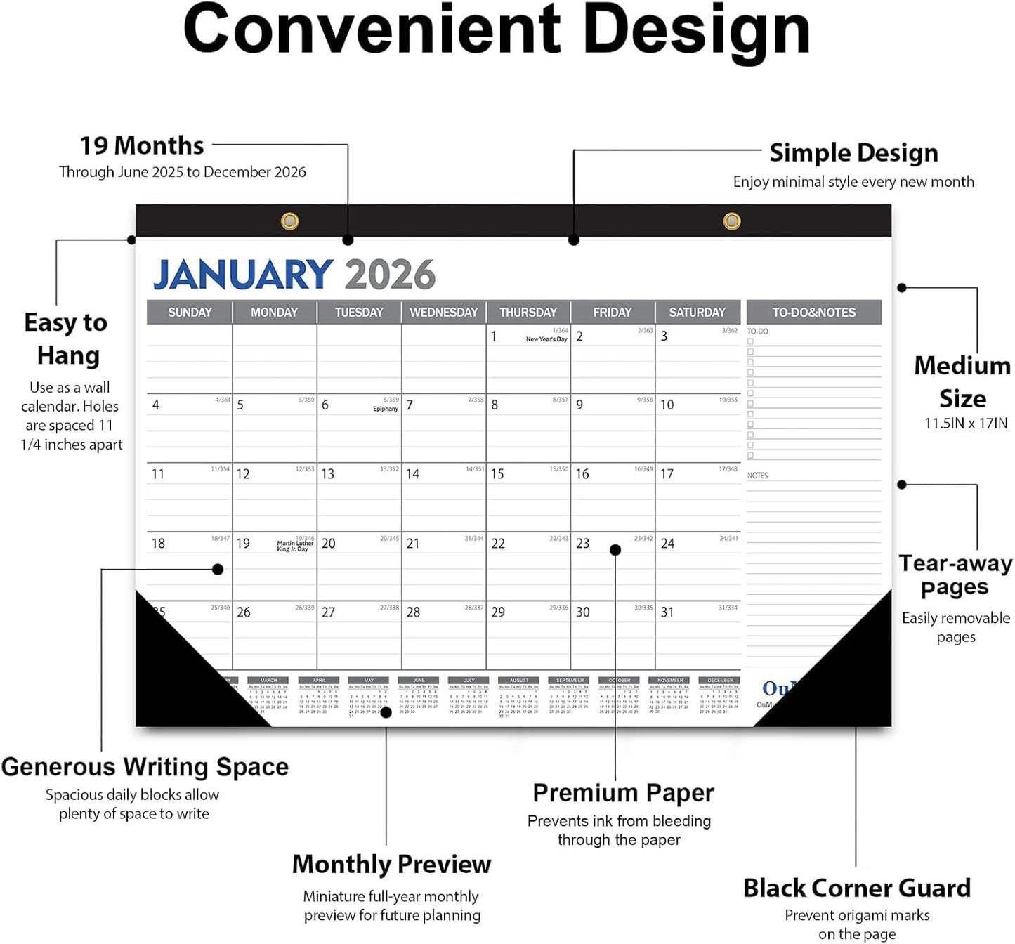 OuMuaMua Desk Calendar 2025-19 Months Desktop Wall Calendar 17 x 11.5 Inches from Jun. 2025 to Dec. 2026 with Julian Date To-do & Notes for School Home Office Planning & Organizing