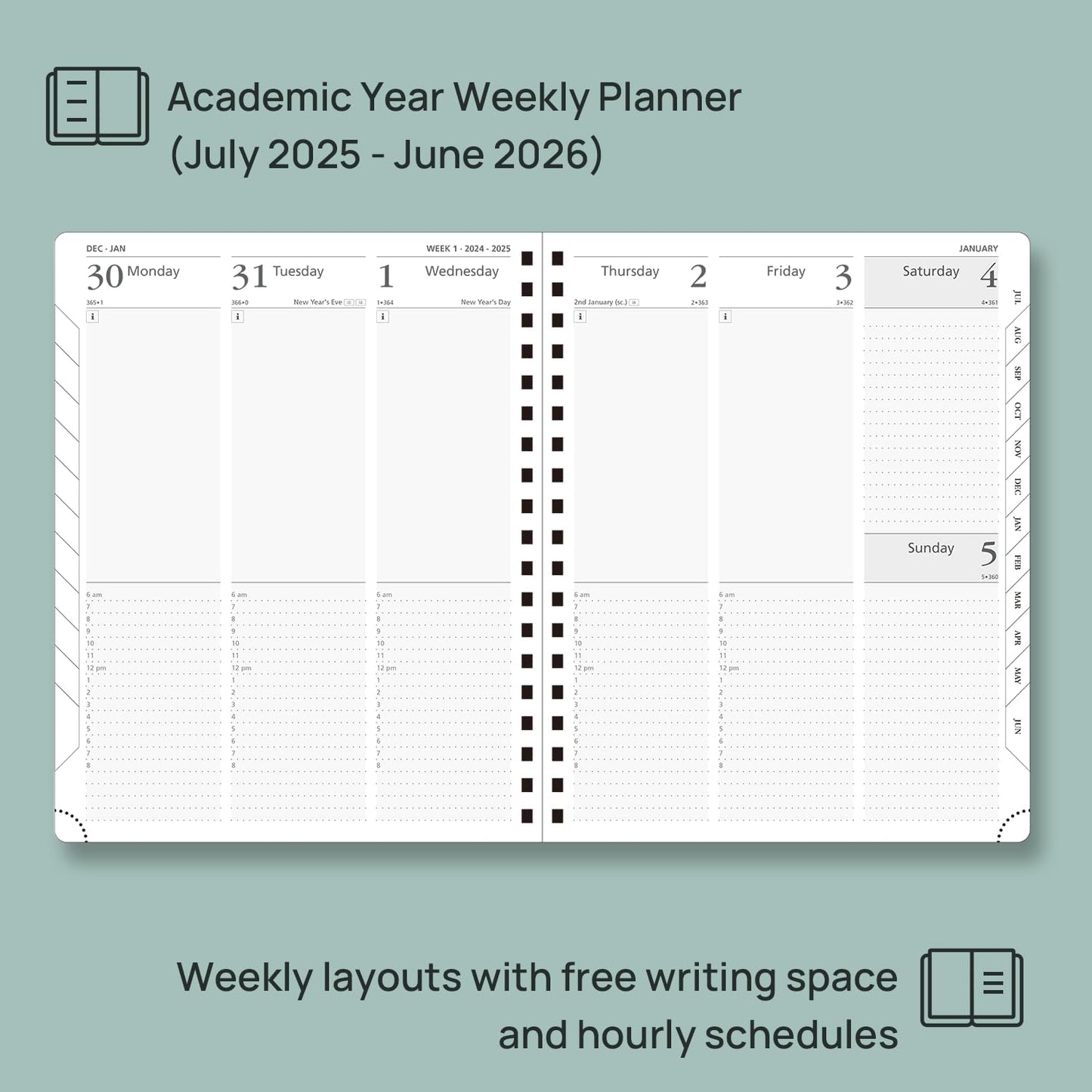 POPRUN Academic Planner 2025-2026 (July 2025-June 2026), Daily Weekly and Monthly Appointment Book (Wirebound Hard Cover - 10'' x 8'') with Hourly Time Slots, Tabs, 100 GSM - Navy Blue