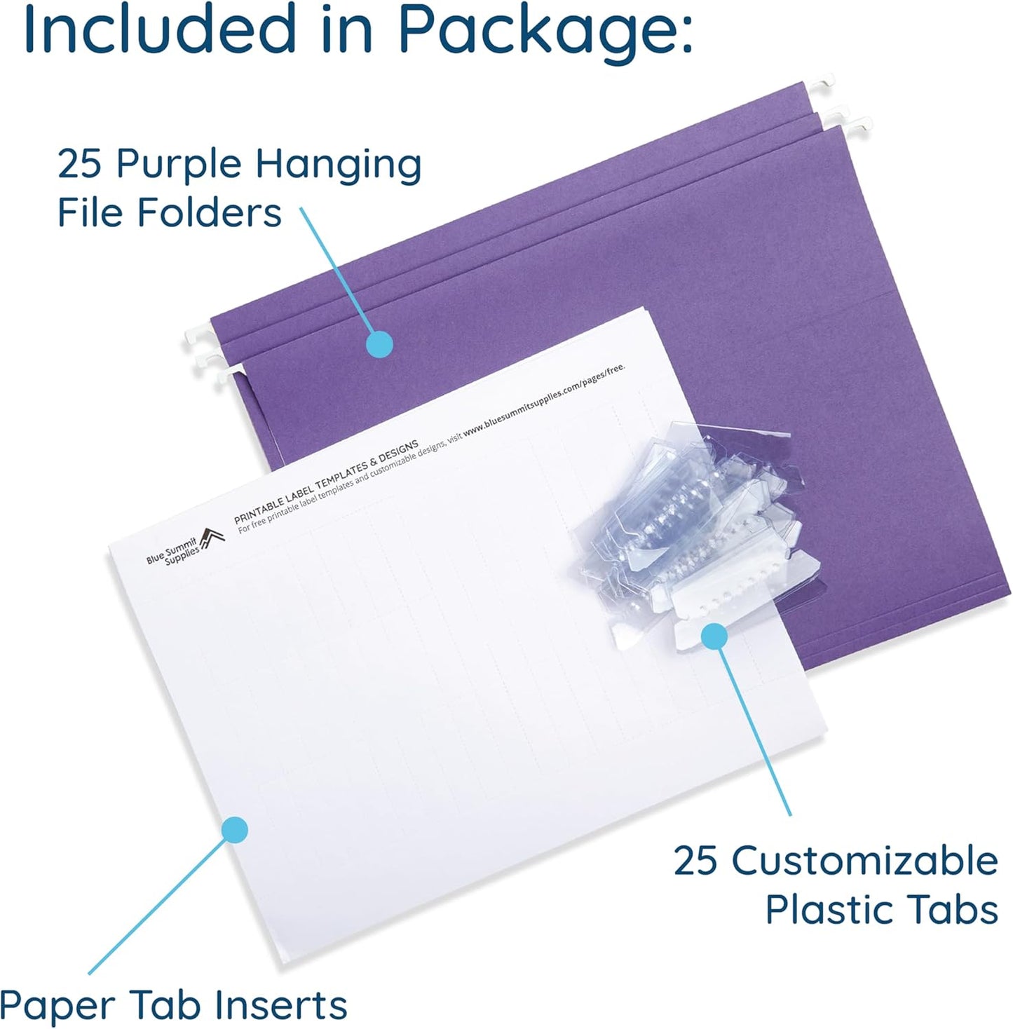 25 Blue Summit Supplies Purple Hanging File Folders - Letter Size, Durable 11pt Paper, Hanging File Folders, Purple, with Plastic Tabs and Inserts Included