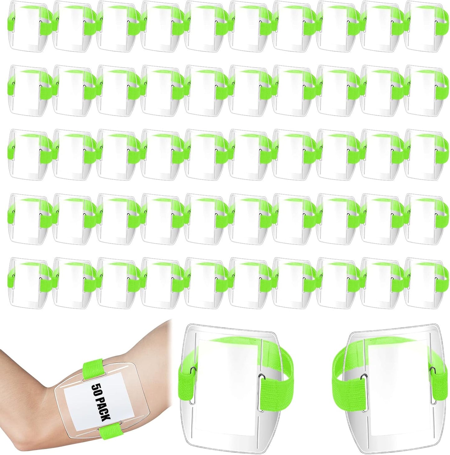 Meanplan 50 Pcs Arm Badge Holder Armband ID Badge Holder Bulk Visibility PVC with Adjustable Belt Elastic Armband Clear Name Tag for Work Pass, Postcards, Universal Size(Green)