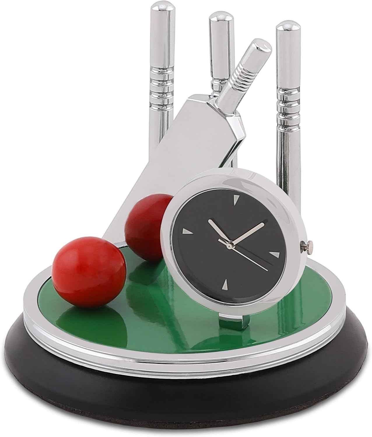 Metal Cricket Kit Style Table Clock, Silver Finish Clock with Bat, Ball & Stumps, Battery Operated Desk Showpiece, Paperweight for Office, Home Decor, Gift for Cricket Lovers