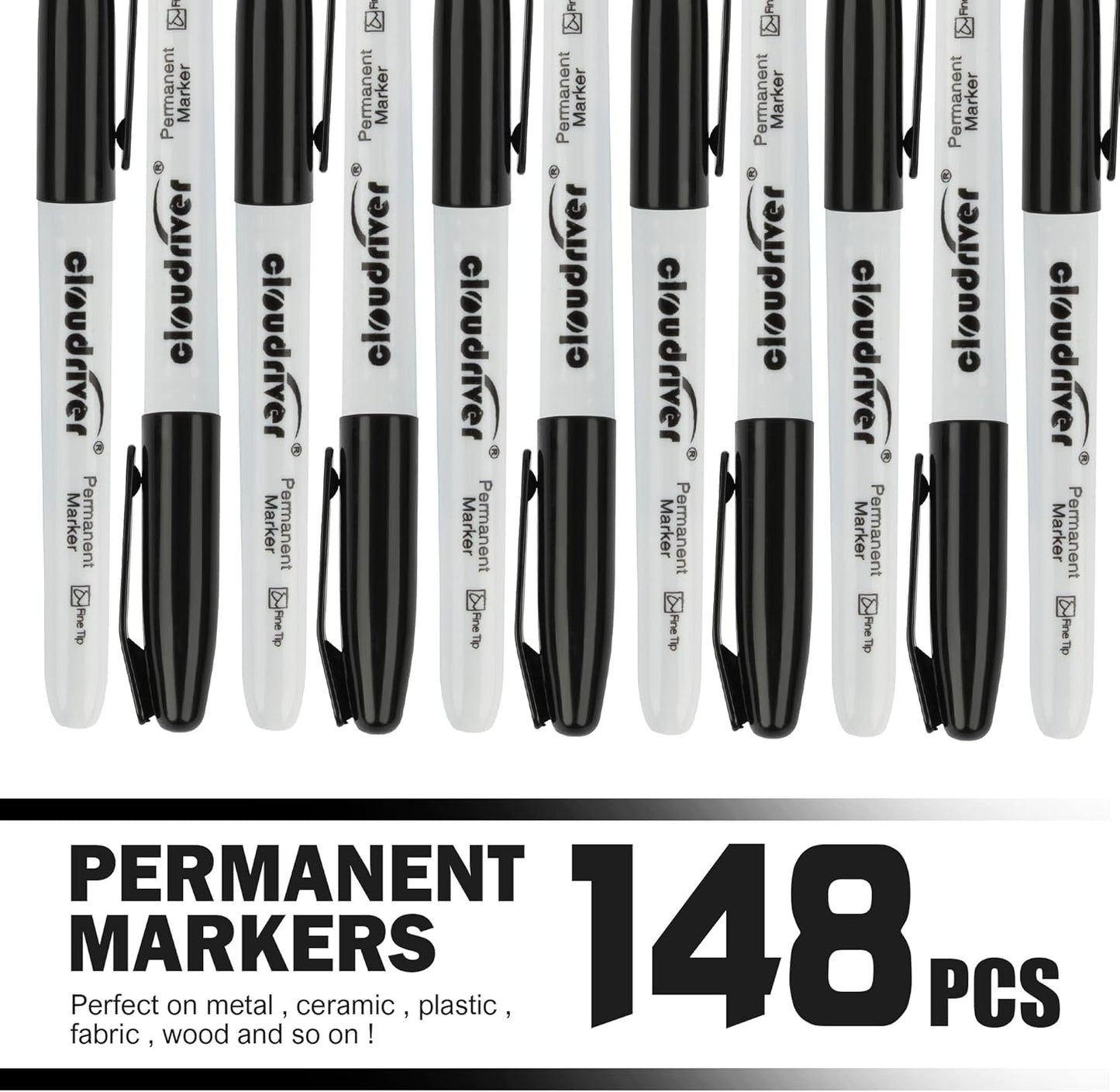 cloudriver Permanent Markers, 148 Pack Black Permanent Markers Set, Fine Point, Bulk Permant Markers Work on Wood, Plastic, Metal, Stone, Glass