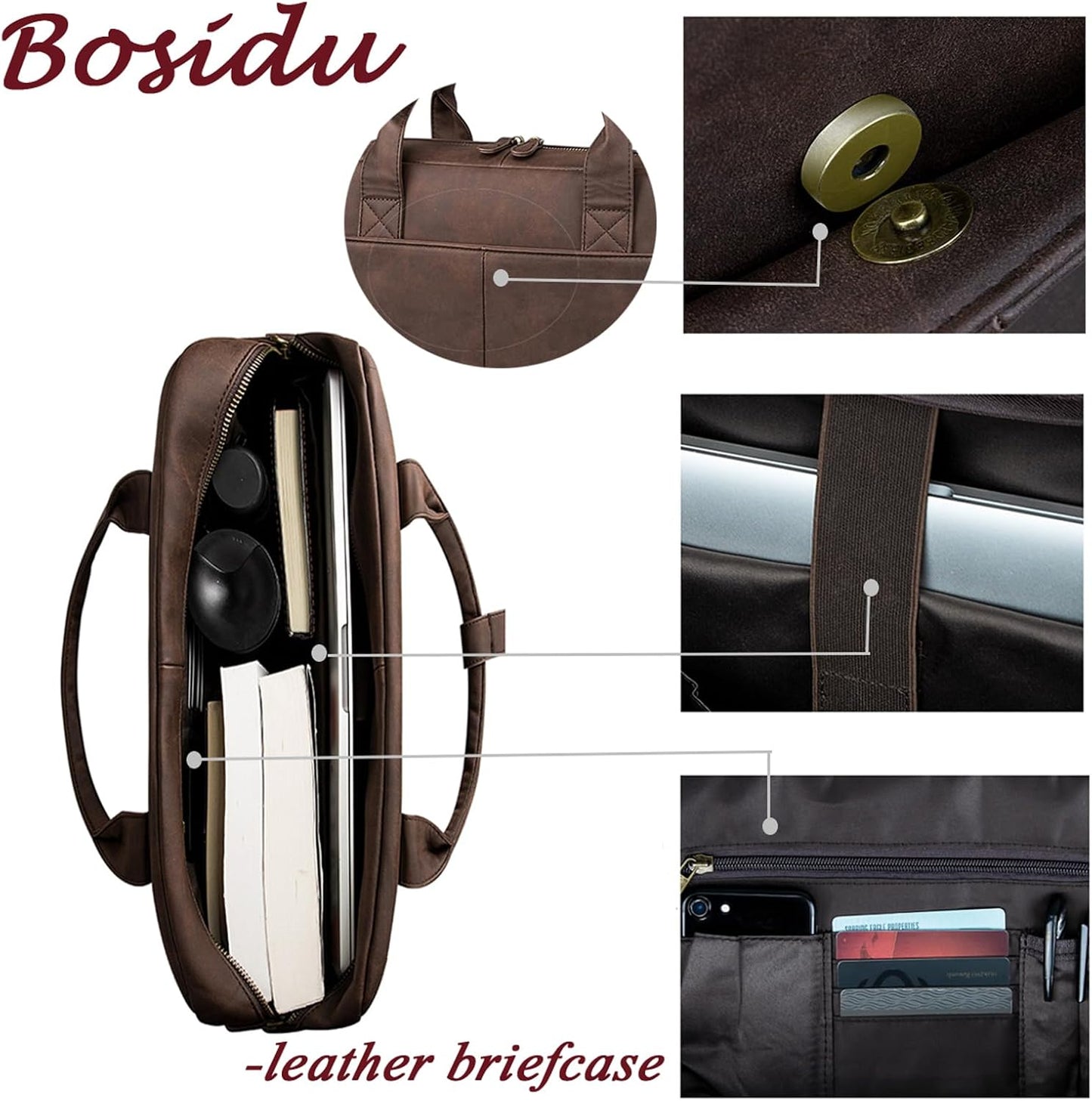 Leather Briefcases for Men 15.6 Inch Laptop Briefcase Business Messenger Bag Retro Waterproof Computer Bag Perfect Birthday Gifts For Husband, Brown