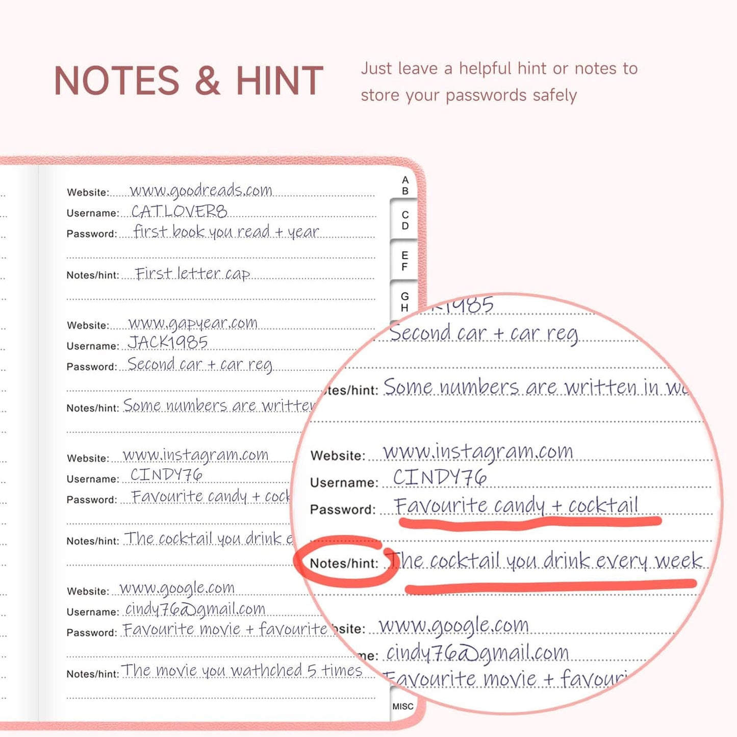 Password Book with Alphabetical Tabs – Hardcover Internet Address & Password Organizer – Password Keeper Notebook for Computer & Website – 5.2 x 7.6" Log-in Password Journal w/Thick Paper (Pink)