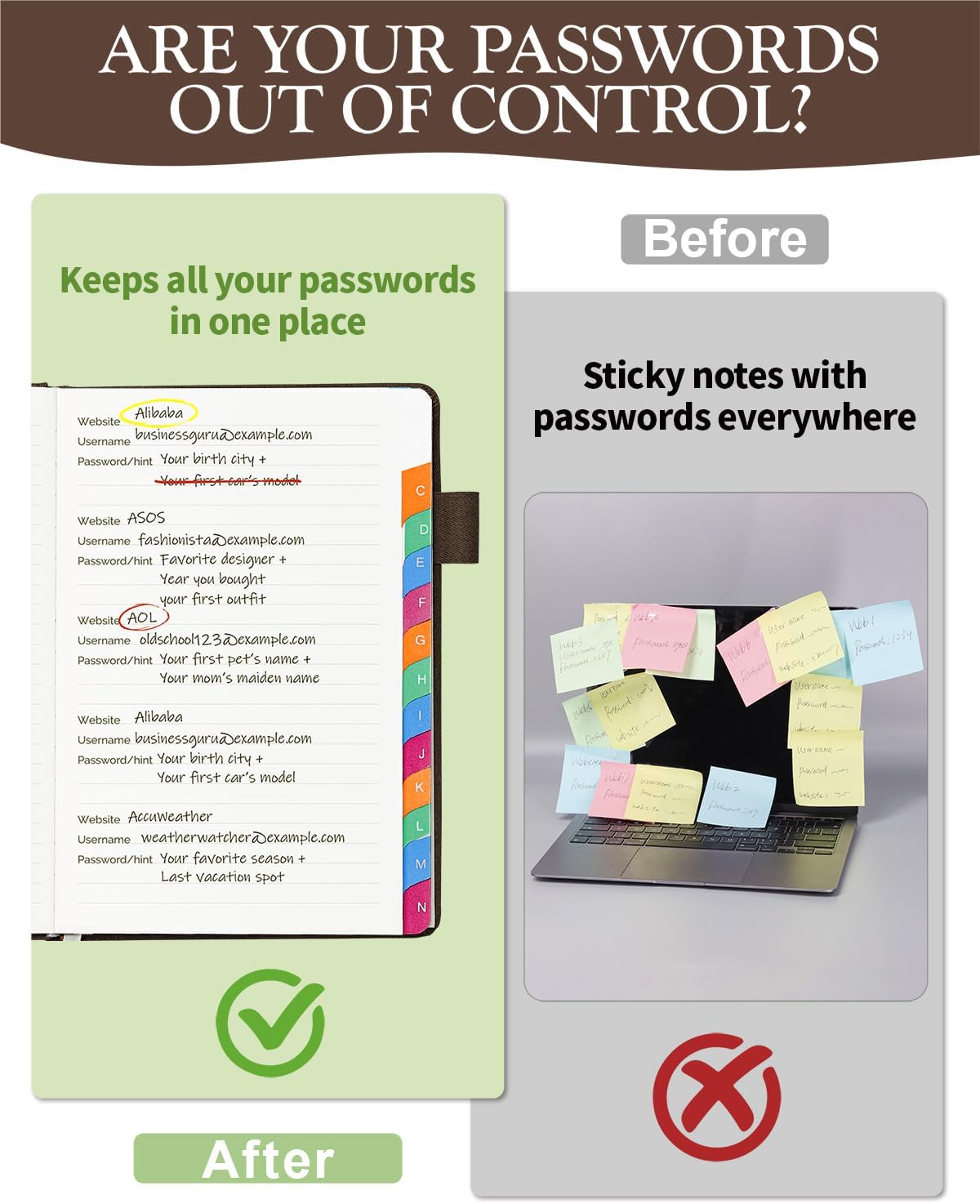 Password Keeper Book with Colorful Alphabetical Tabs, Hardcover Password Log-book for Internet Password and Website Address, 5.8"×8.4" Password Notebook for Home Office (Chocolate, Medium (5.8 x 8.4 Inch))