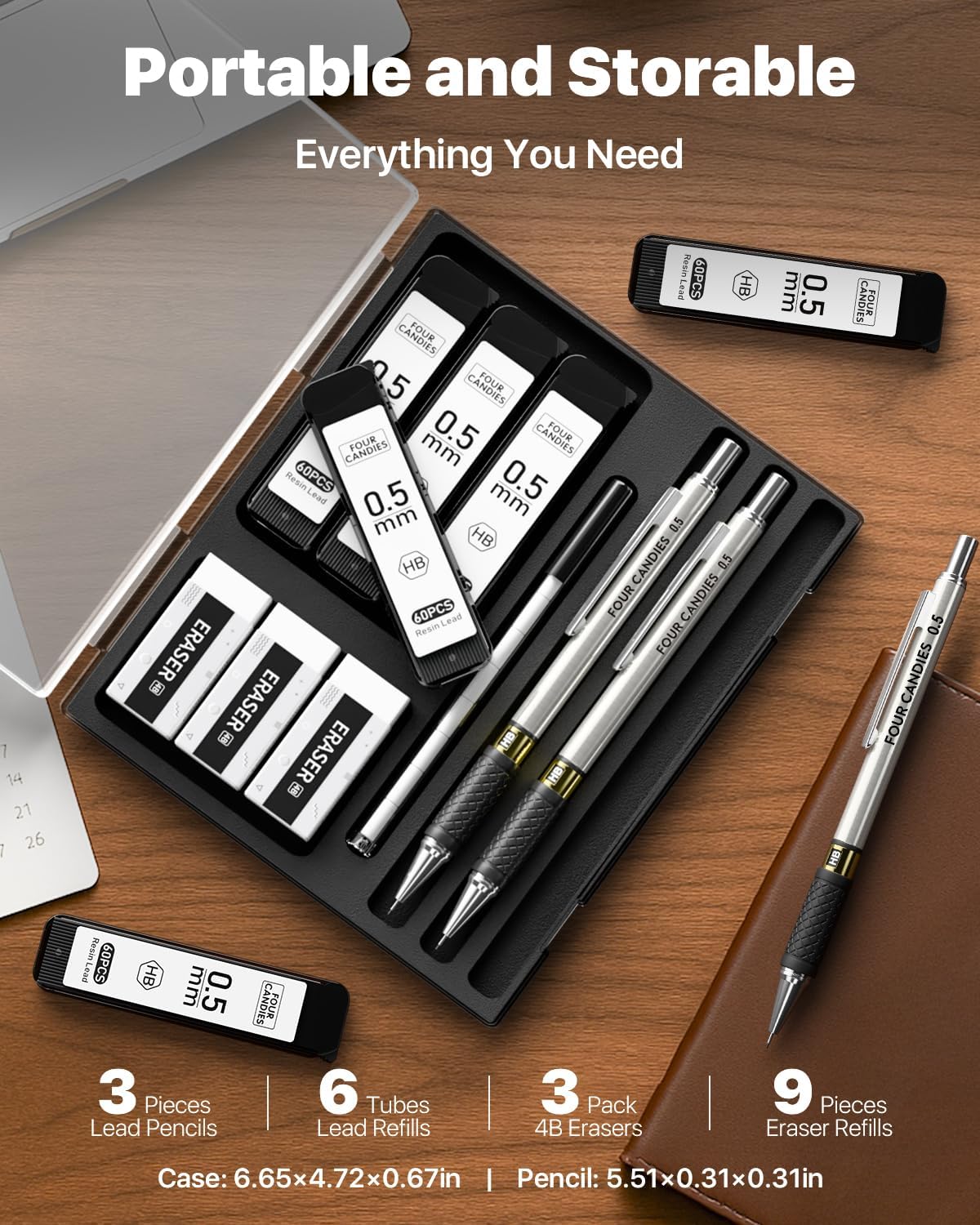 Four Candies Metal Mechanical Pencil Set - 3PCS 0.5mm Art Mechanical Pencils & 360PCS HB Lead Refills & 3PCS Erasers & 9PCS Eraser Refills, Drawing Mechanical Pencils for Writing, Sketching -With Case