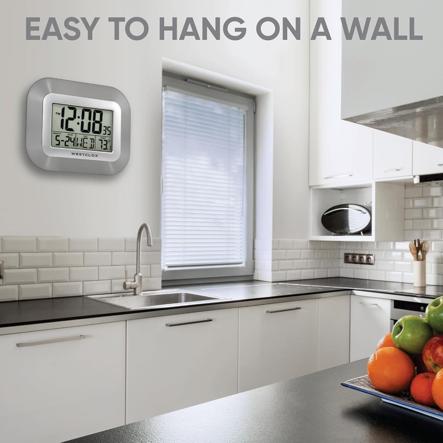 Westclox Large Digital Wall Clock Battery Operated Large Digital Clock with Temperature Date and Day of Week with Alarm | Modern Digital Desk Clock for Office Kitchen Bedroom or Living Room | Silver