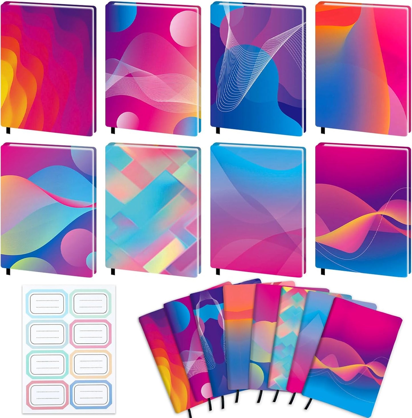 Jumbo Book Covers 8 Pack Reusable Fabric Book Cover Protective Books Covers 9 x 11 Inch Neon Stretchable Books Sleeve Cover with Label Sticker for Most Hardcover Textbooks Up to 10 x 12.5 Inch