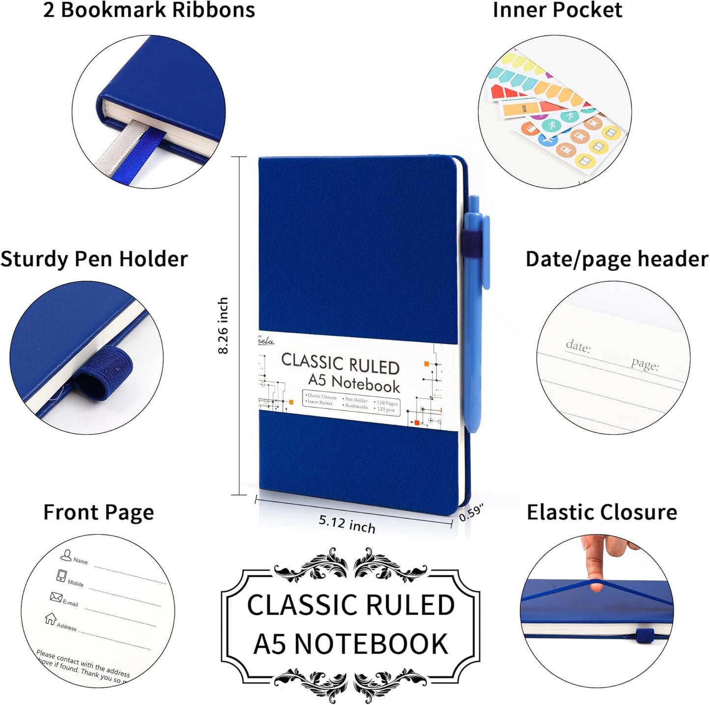 feela 5 Pack Journal Notebook Bulk for School, Hardcover Business Notebooks Classic Ruled Lined Journals with Pen Holder for Work Note Taking, with 5 Black Pens, 120 GSM, 5.1”x8.3”, A5, Navy