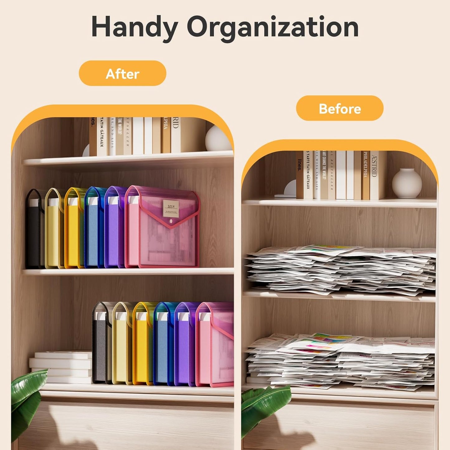 ABC life 6 Pack Plastic Expanding File Folder, Transparent Envelopes with Snap Closure, No Dividers, Large Capacity, Assorted Colors, Large Capacity, Fit Letter/A4 Size - Mutilcolor 03