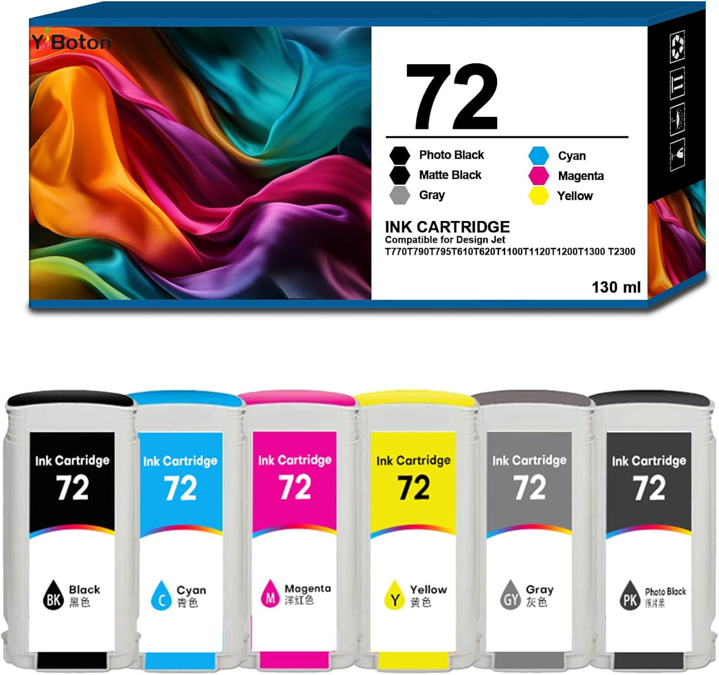 High Yield 72 Ink Cartridges C9403A C9370A C9371A C9372A C9373A C9374A Replacement for HP 72 Ink Cartridges for T770 T790 T795 T610 T620 T1100 T1120 T1200 T1300 T2300 Printers Ink(6 Pack, 130ML)