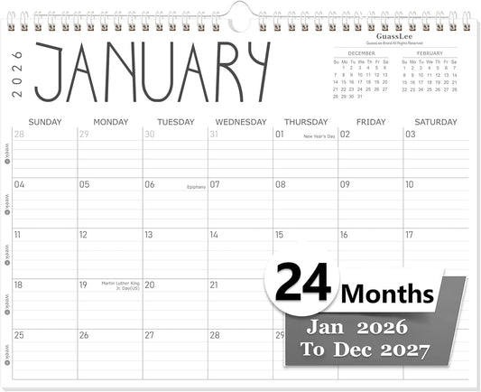 GuassLee Wall Calendar 2026-2027, 24-Month Wall Calendar Runs from January 2026 until December 2027,14" X 11" Hanging Monthly Planner with Thick Paper, Ruled Blocks for Home School Office Organizing