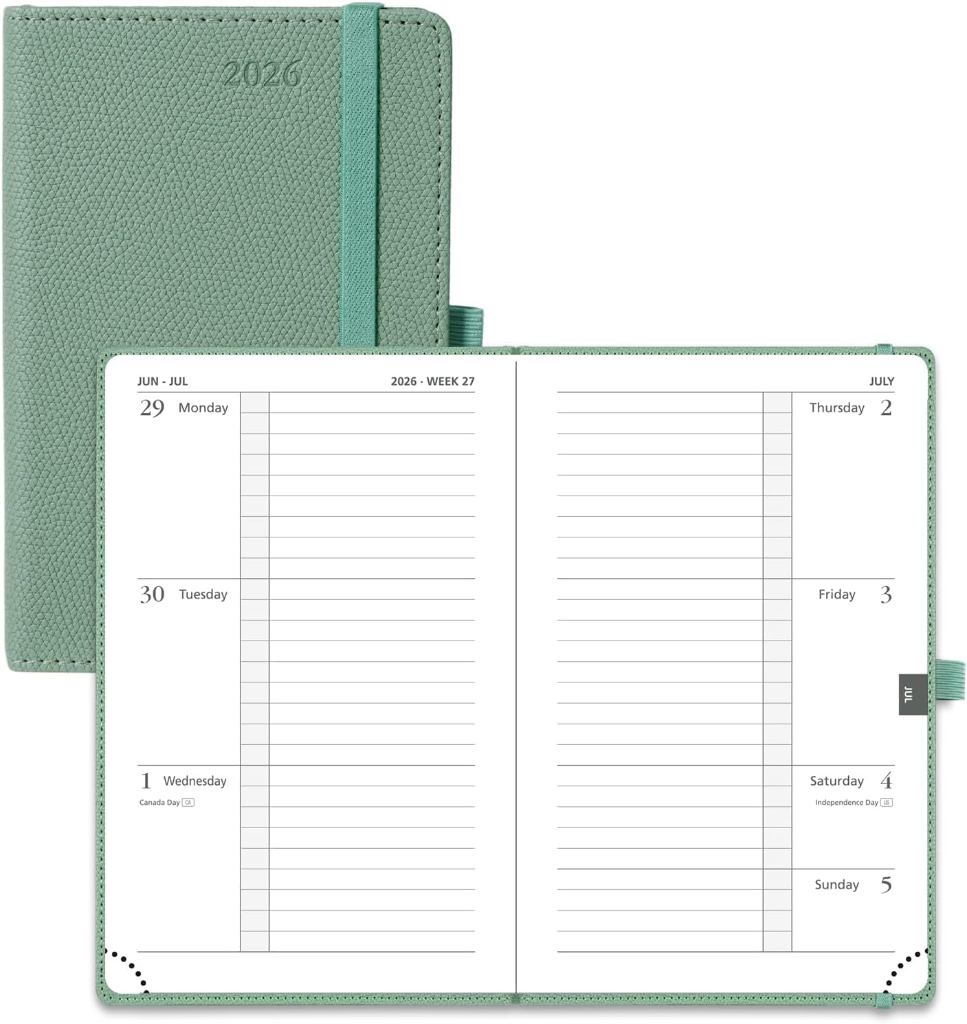 POPRUN Weekly Planner 2026 Calendar (Pocket 4'' x 6.25'') 12 Months Notebook with Horizontal Layout, Leather Hardcover, Inner Pocket, 100GSM Thick Paper, Pen Holder- Midnight Green