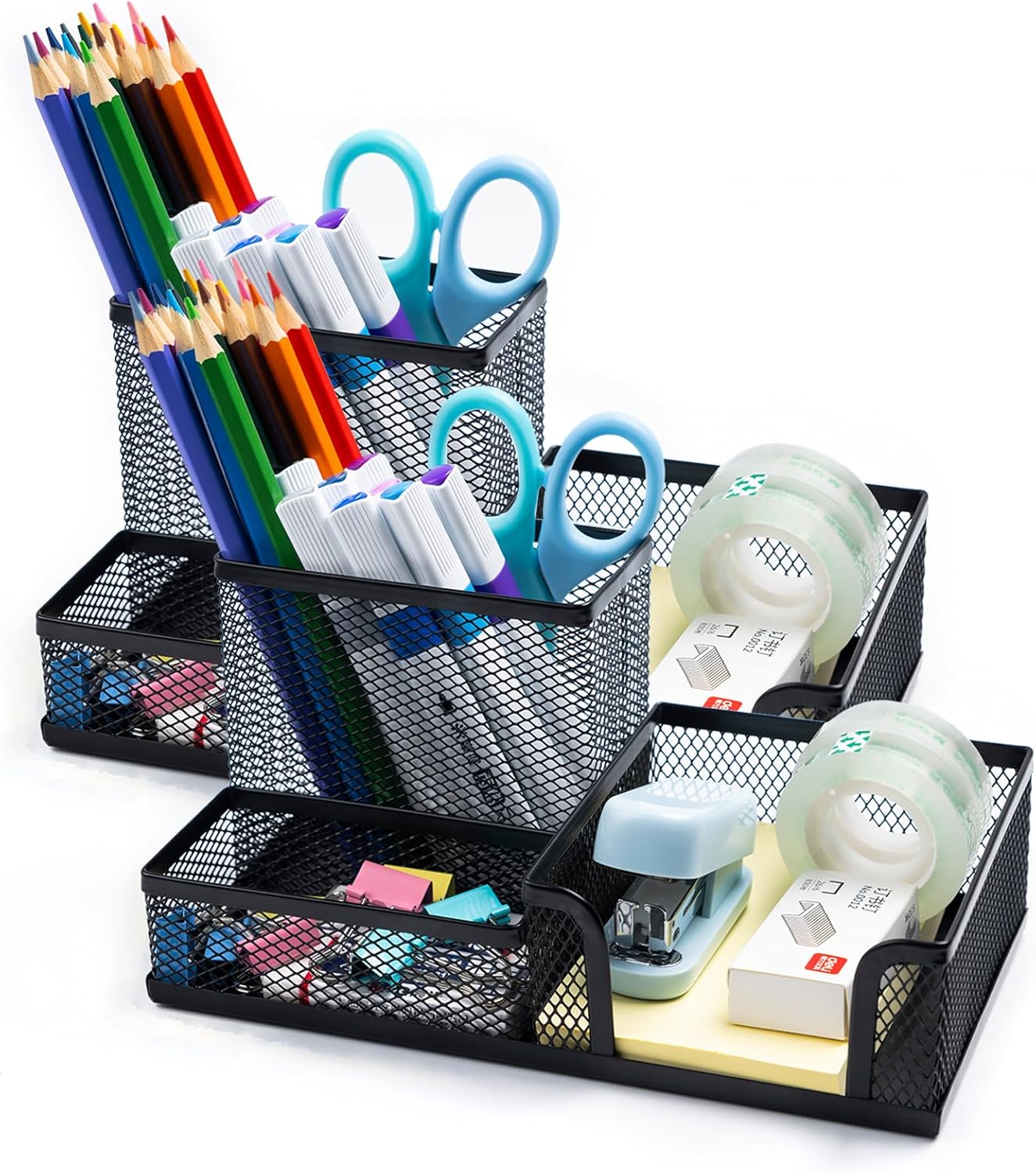 2 Pieces Black Mesh Pen Holder Desktop Organizers Pencil Holder for Desk 3 Compartments Metal Office Supply Organizer with Sticky Notes Holder forOffice Desk Accessories