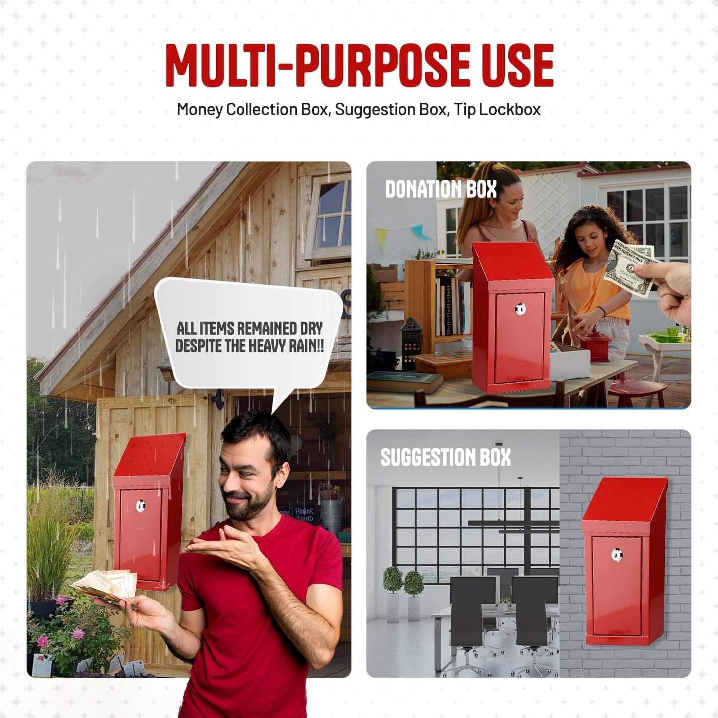 Metal Donation Box-Suggestion Box with Slot and lock-Cash Lock box for Money-Drop Box-outdoor waterproof mailbox and ballot box-comes with pre-drilled holes for easy wall mounting 10 X 6 X 2.5"(Red)