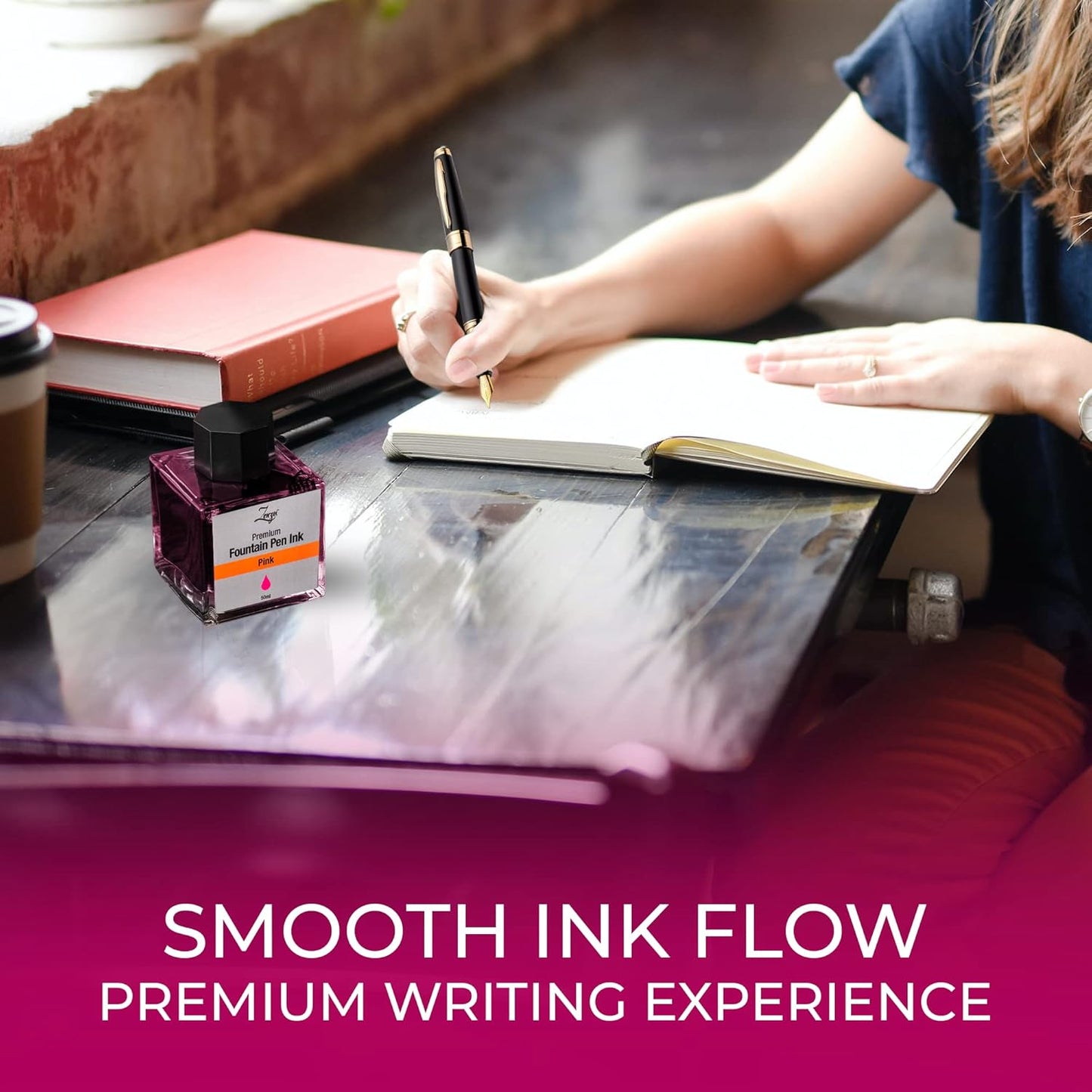 ZenZoi Fountain Pen Ink Bottle 50ml | Premium Designed Bottled Ink for Fountain Pens – Suitable for Calligraphy and All Branded Pens | Quick Drying and Smooth Flow Writing Experience (Pink)