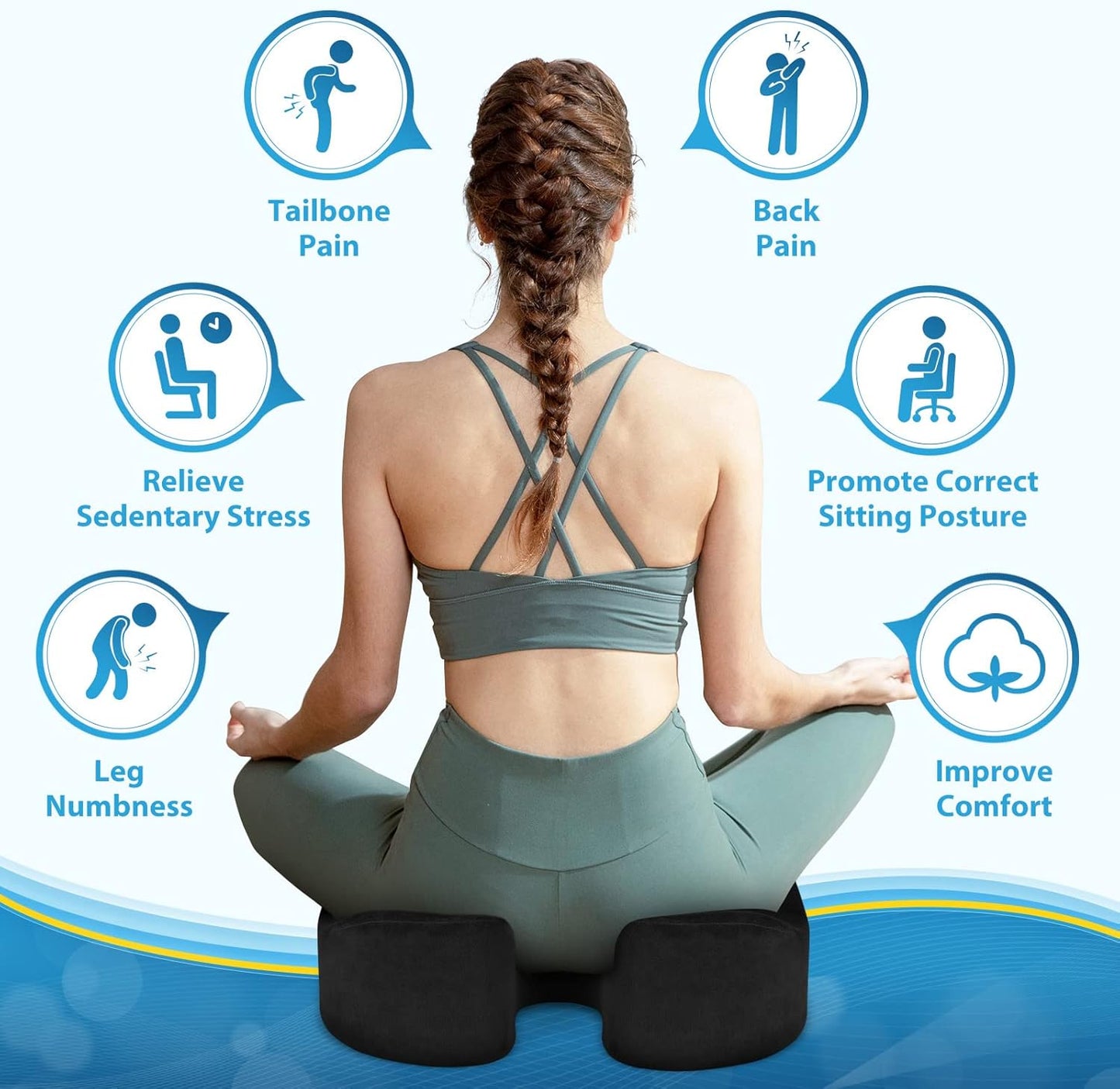 BlissTrends Seat Cushion,Thick Memory Foam Cushions for Office Chair, Car Seat, Airplane, Relieving Pressure Tailbone Sciatica Back Pain for Long Sitting Office Workers, Car Drivers 4.7in Thick Black