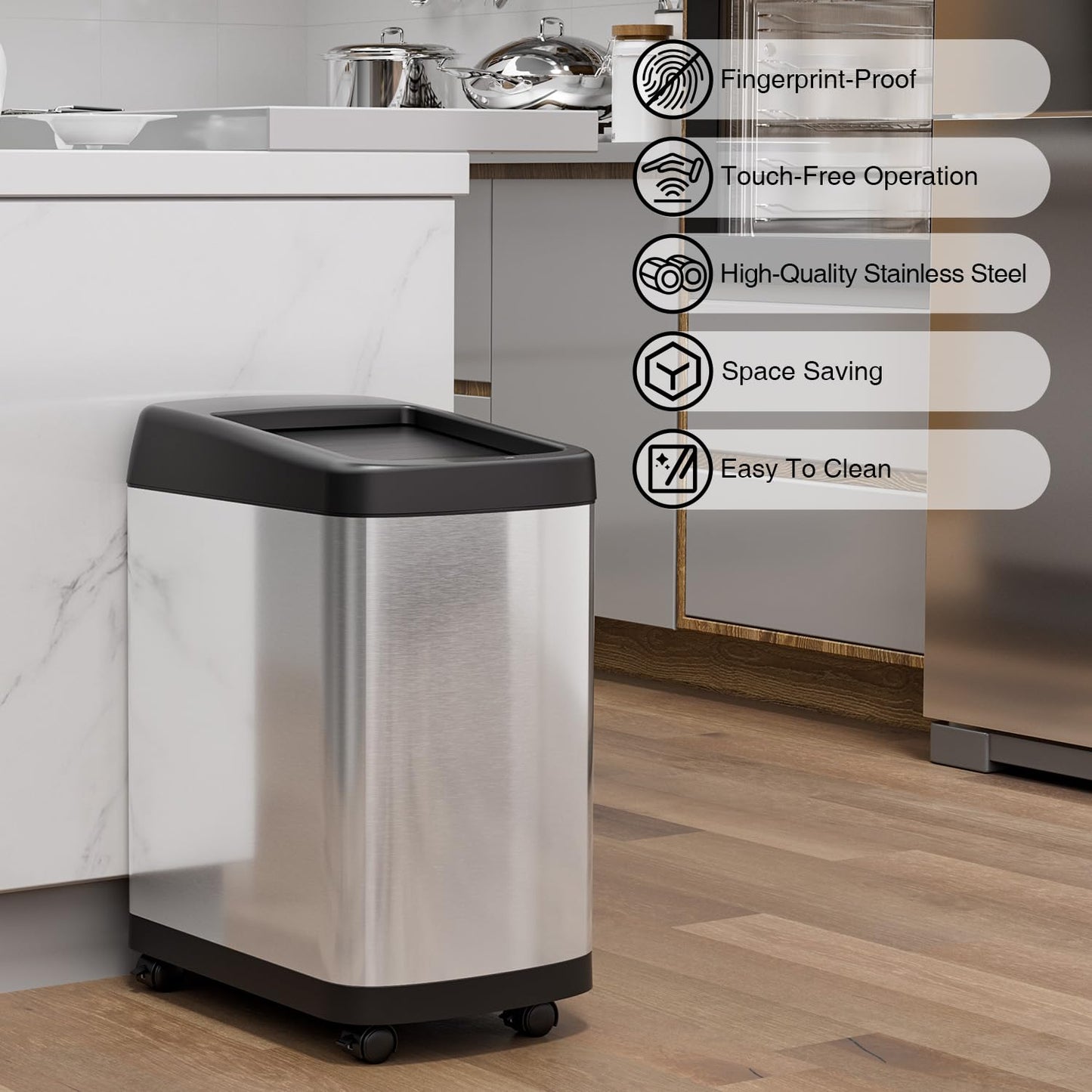 ELLO&ALLO 13 Gallon Kitchen Trash Can with Roll Up Lid, Automatic Touchless Motion Sensor Rectangular Trash Can with Wheels, Brushed Stainless Steel Finish