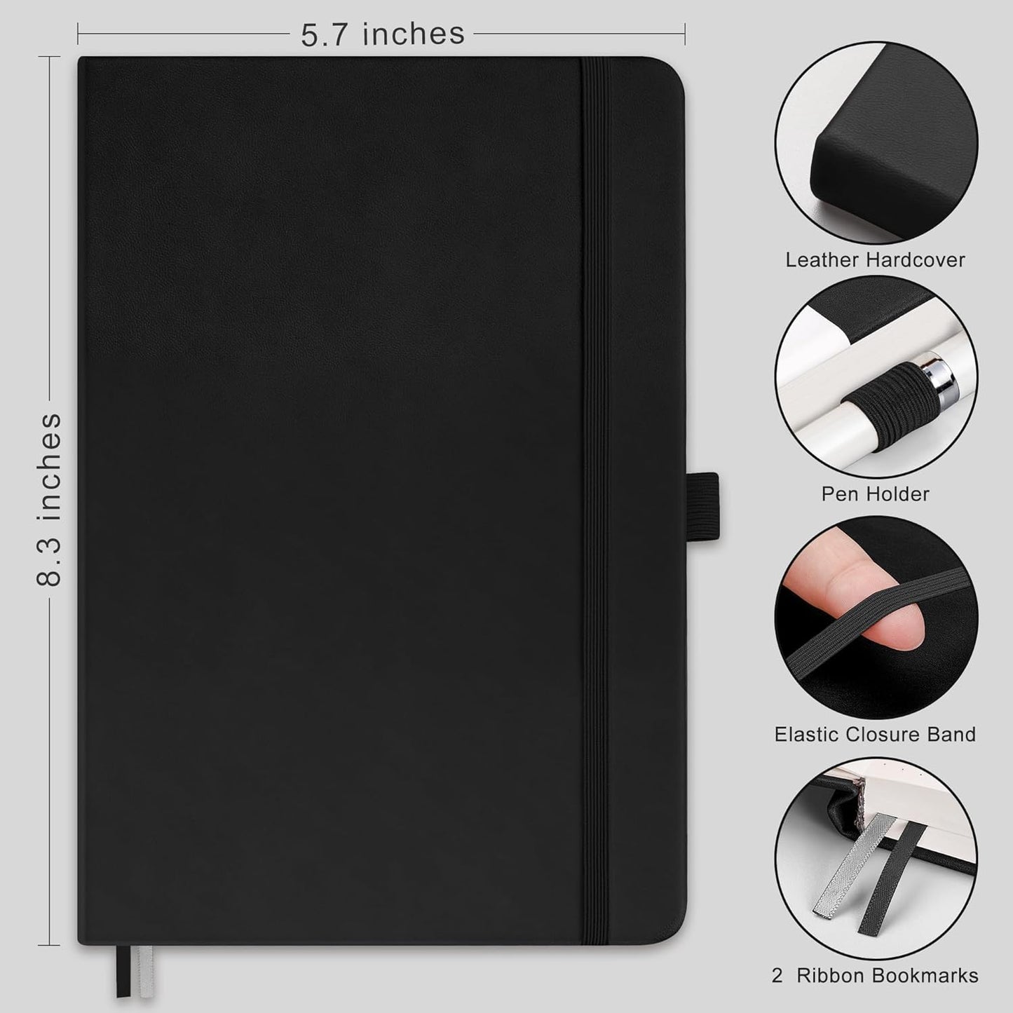 RETTACY Lined Journal Notebook, 2-Pack, 192 Numbered Pages per Pack, A5 Medium Size (5.7'' x 8.3''), for Men & Women, Writing, Work, Leather Hardcover, 100 GSM Thick Paper (Black & Black)