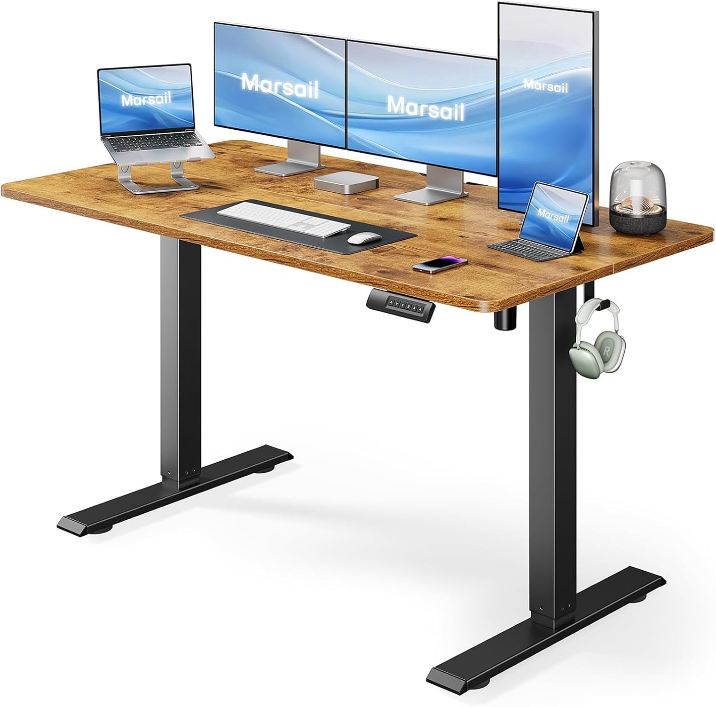 Marsail Electric Standing Desk, Adjustable Height Stand up Home Office Desk Large 55x24 Inch Sit Stand Computer Desk, with 4 Memory Presets, Headphone Hook,Cable Organizer, Rustic Brown