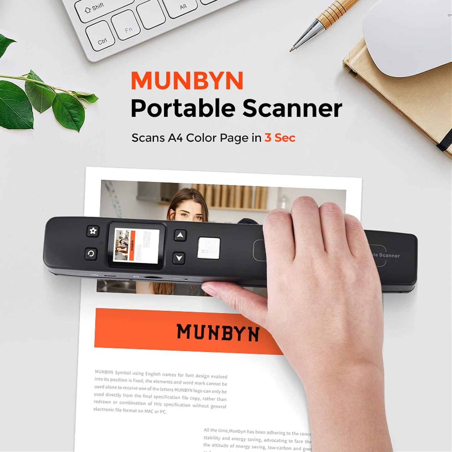 MUNBYN Portable Scanner, Photo Scanner for Documents, Pictures, Texts at 1050 DPI, Flat Scanning, Includes 16GB Card, Wand Document Reader with Wi-Fi or USB for Uploading to PC/Phone, No Driver Needed