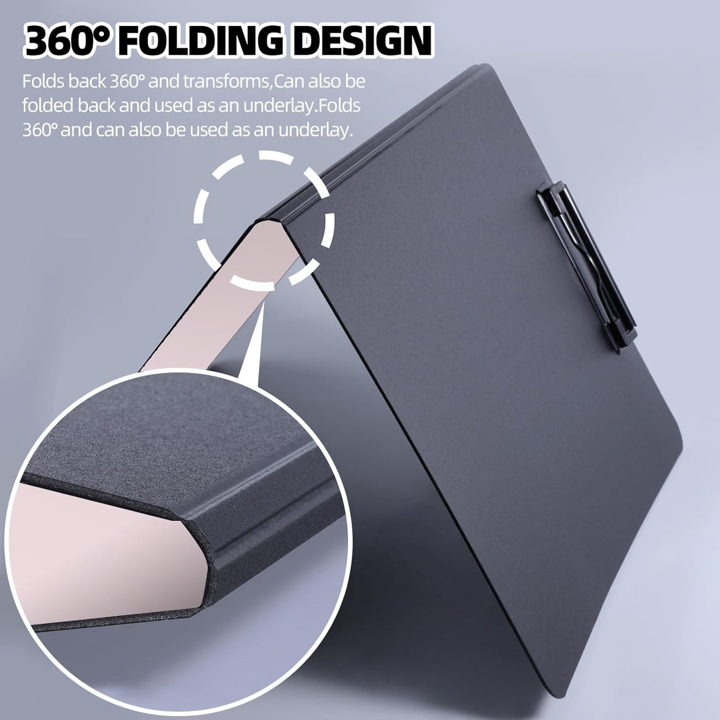 Clipboard Folder, A4 Foldable Clipboard with Horizontal and Vertical Double Metal Clips, 360 Degree Foldable Binder Clipboards with Pen Holder, File Cover Work Folder Clipboards, Pink